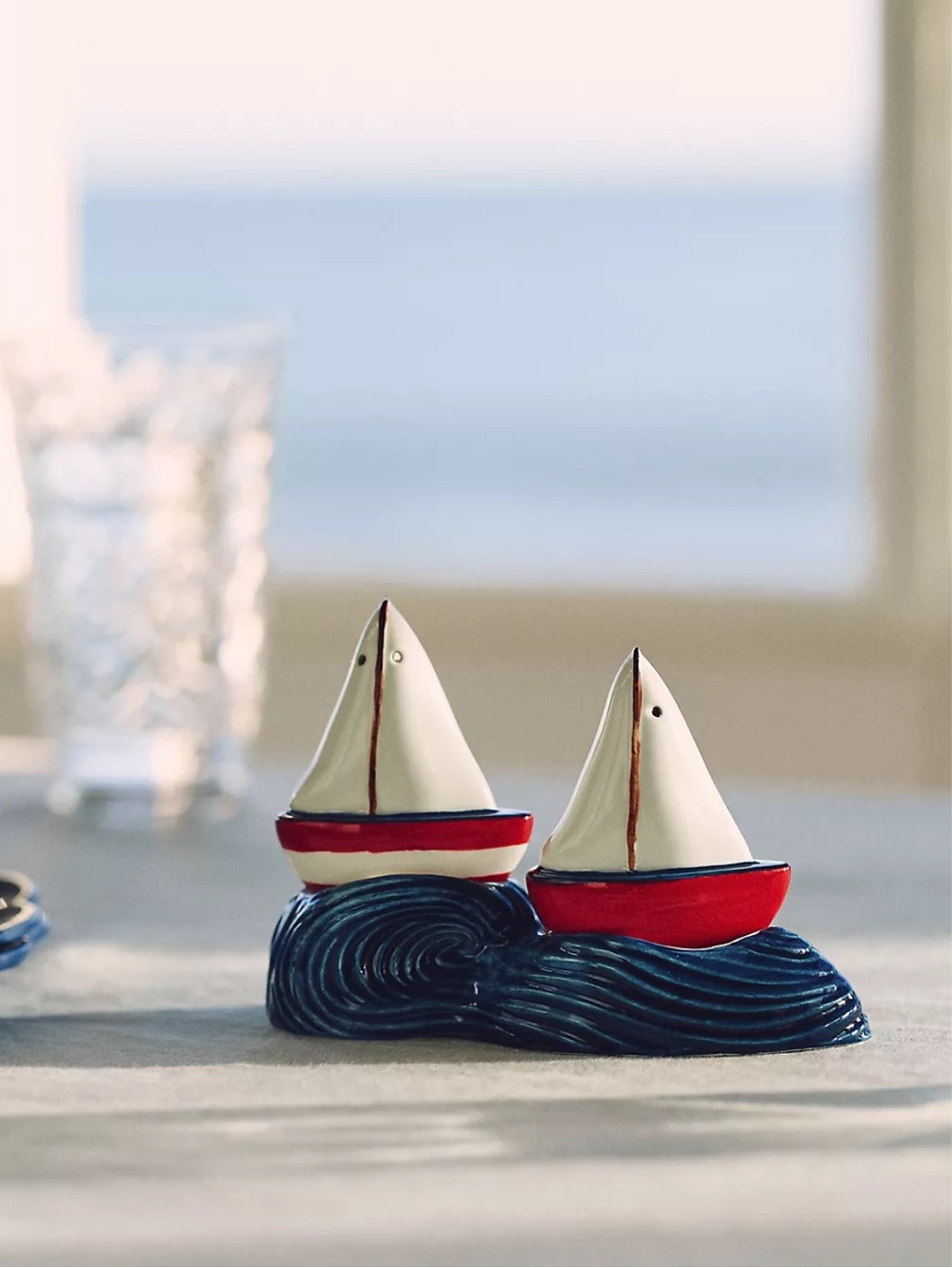 Anthropologie Maritime Stoneware Salt & Pepper Shakers Red White Blue Waves